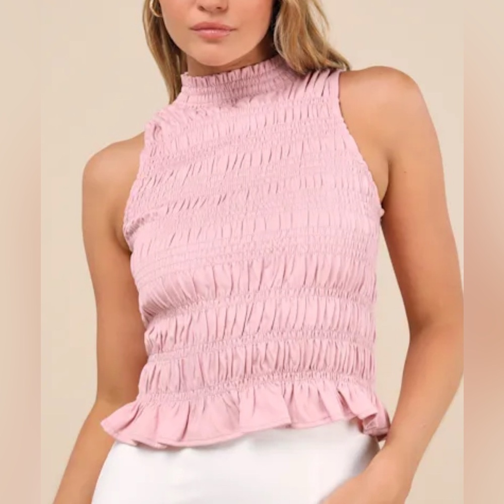 Lulus Rebekka Pink Smocked Mock Neck Peplum Sleeveless Top